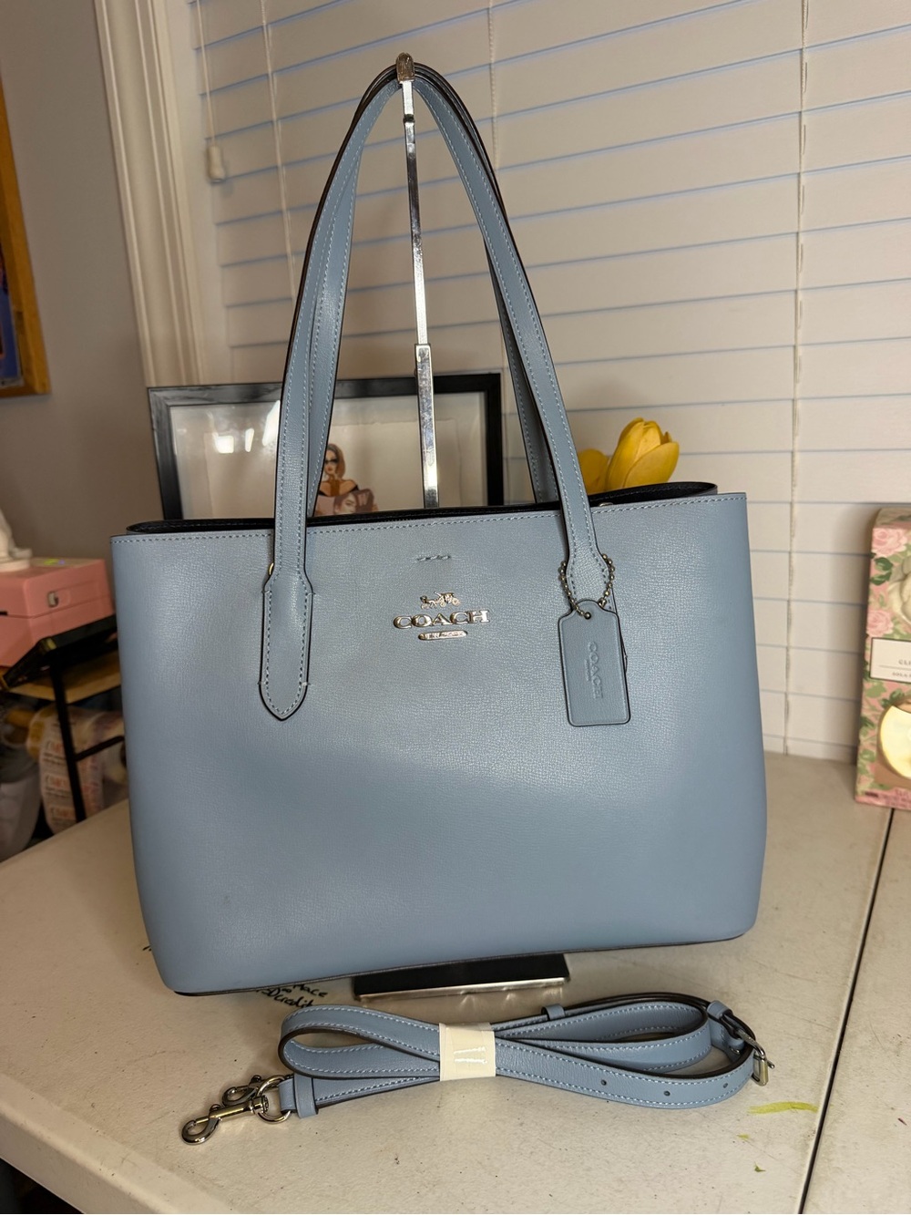 Coach City Tote Crossbody | Powder Blue Leather | Removable Strap
